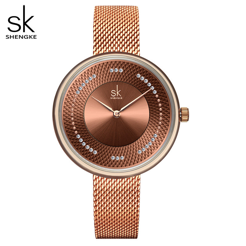 SK Women’s Quartz Watch – Milan Mesh Strap, Diamond Dial, 30M Waterproof
