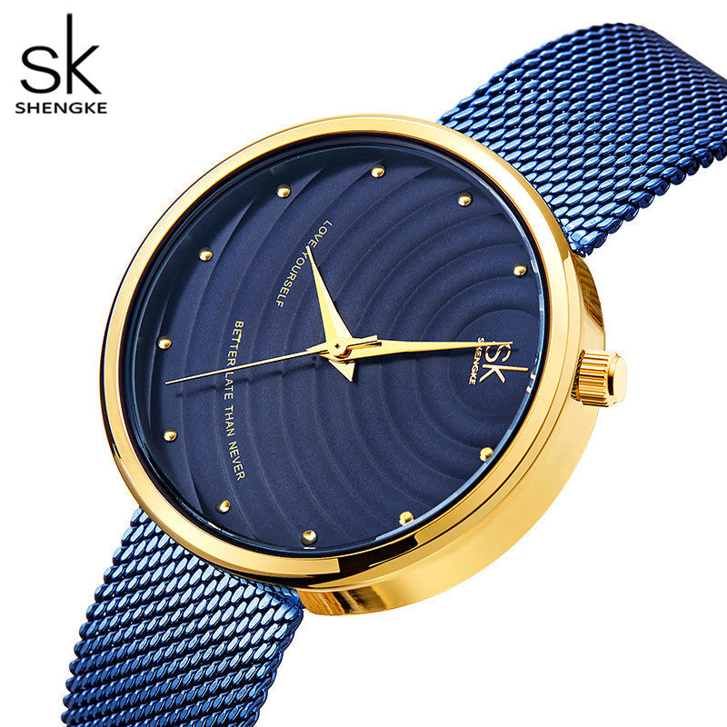 SK Women’s Quartz Watch – Milanese Mesh Strap, Wave Pattern Dial, 30M Waterproof