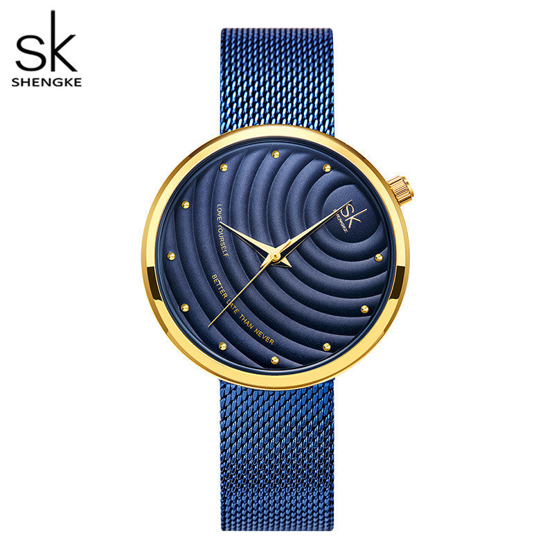 SK Women’s Quartz Watch – Milanese Mesh Strap, Wave Pattern Dial, 30M Waterproof