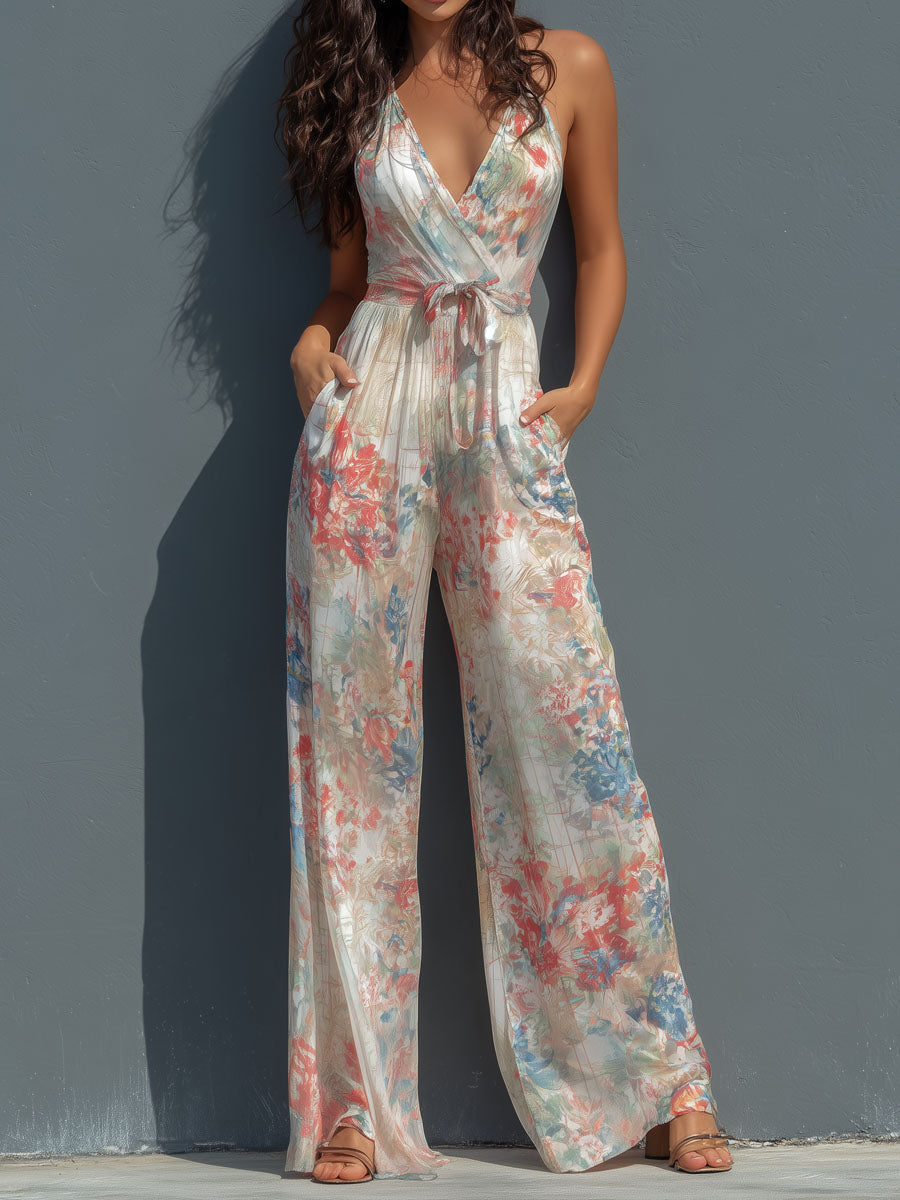 Boho Resort Floral Satin Halter Wrap Front Wide-Leg Jumpsuit