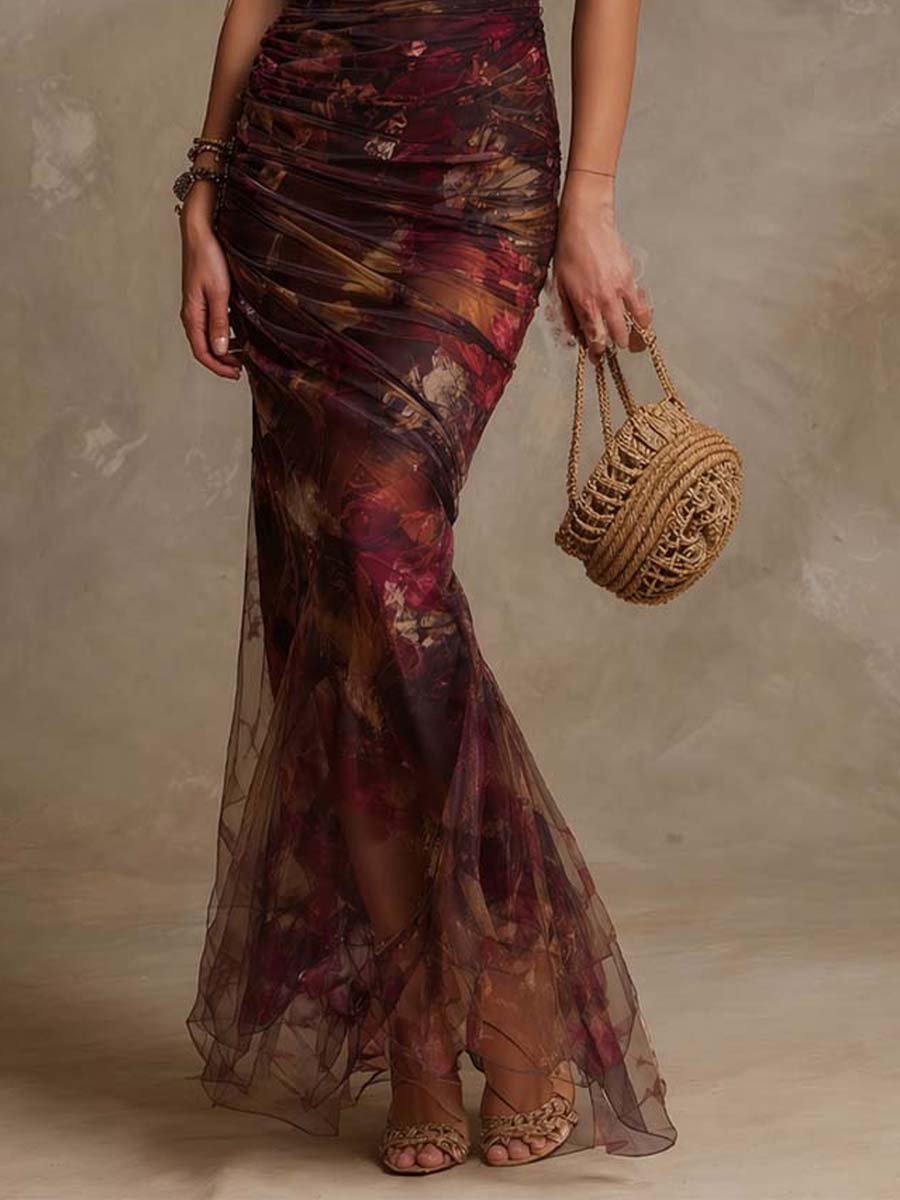 Vintage Floral Print Off-the-Shoulder Ruched Mesh Mermaid Maxi Dress