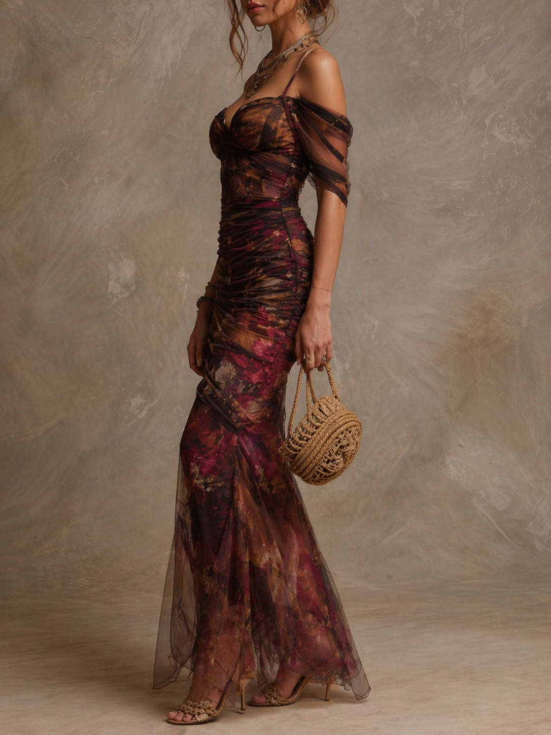 Vintage Floral Print Off-the-Shoulder Ruched Mesh Mermaid Maxi Dress