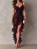 Boho Chic Black And Red Floral Ruched Lace-Trim Ruffle Hem Dress