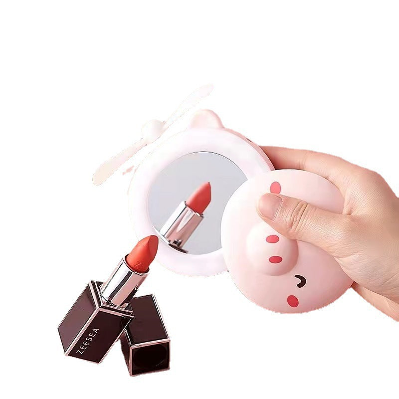 Portable Mini USB Fan – Cute Piggy Beauty Mirror Fan with LED Light & Handheld Design