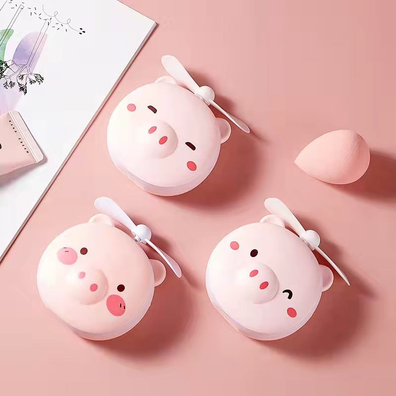 Portable Mini USB Fan – Cute Piggy Beauty Mirror Fan with LED Light & Handheld Design