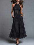 Retro Stand-Collar Cutout Lace Top & Chiffon Pleated Skirt Set