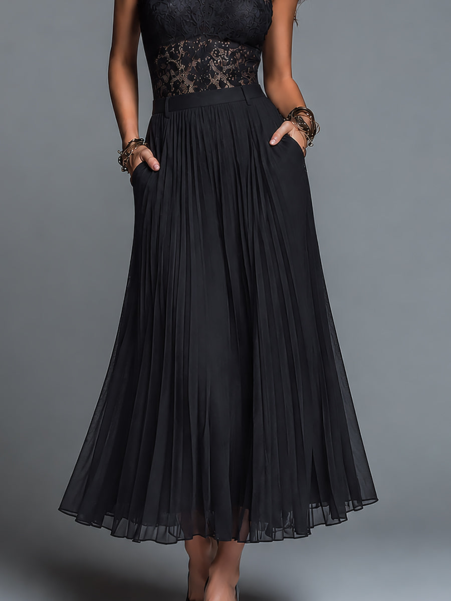 Retro Stand-Collar Cutout Lace Top & Chiffon Pleated Skirt Set