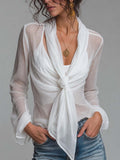Sheer Crinkled Chiffon Wrap Front Tie Knot Long Sleeve Blouse With Camisole