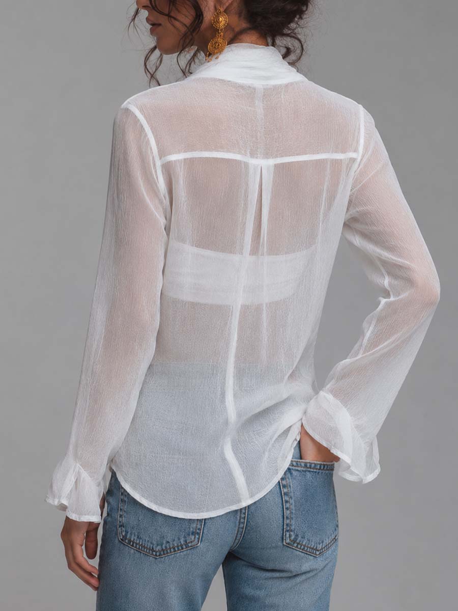 Sheer Crinkled Chiffon Wrap Front Tie Knot Long Sleeve Blouse With Camisole