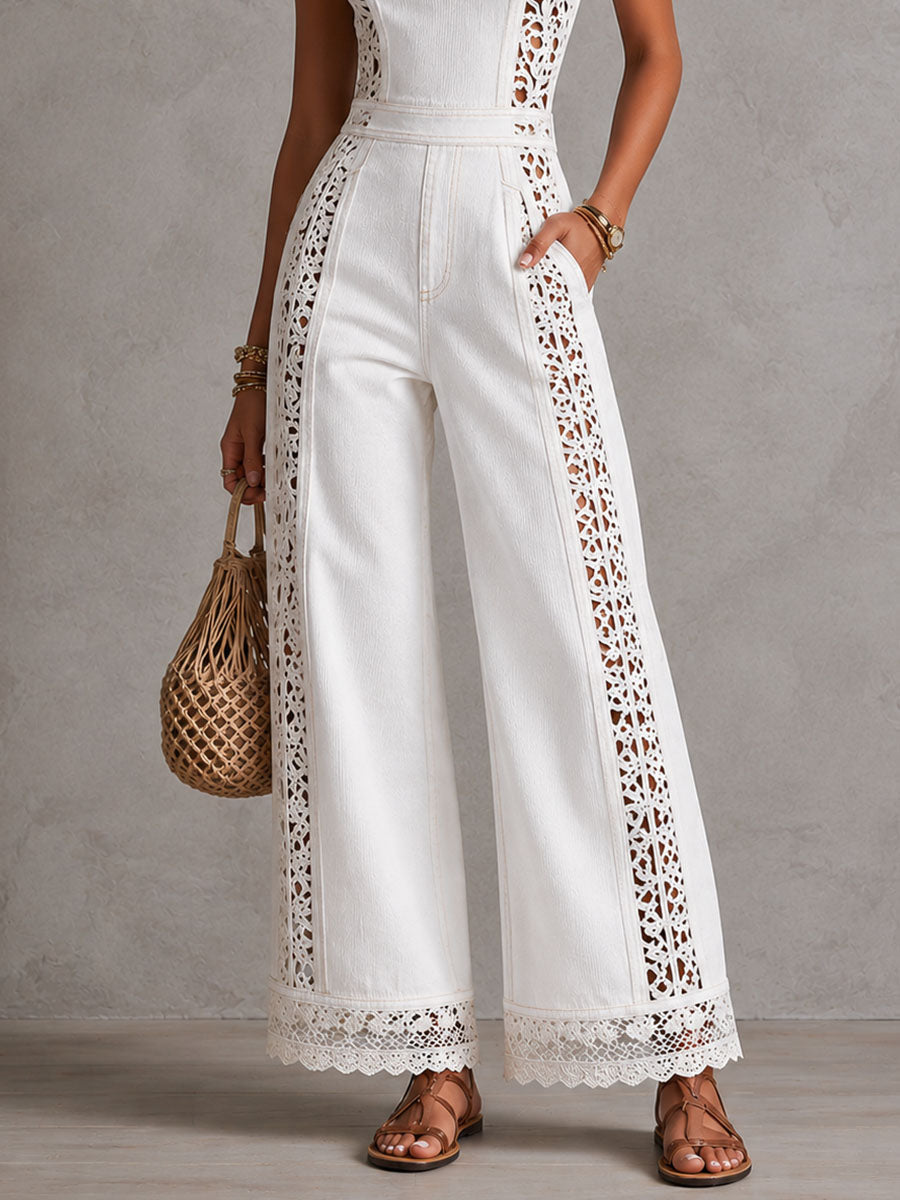 Boho White Denim Square Neck Crochet Lace Wide Legs Jumpsuit