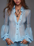 Boho Sheer Lace Trim Puff Sleeve Shirt