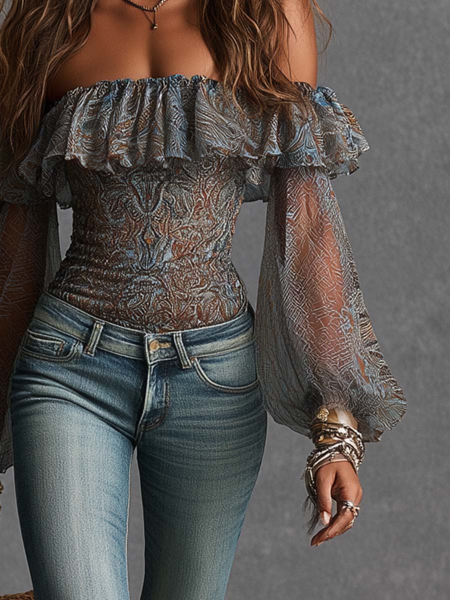 Boho Paisley Print Off-Shoulder Ruffle Sheer Puff-Sleeve Top