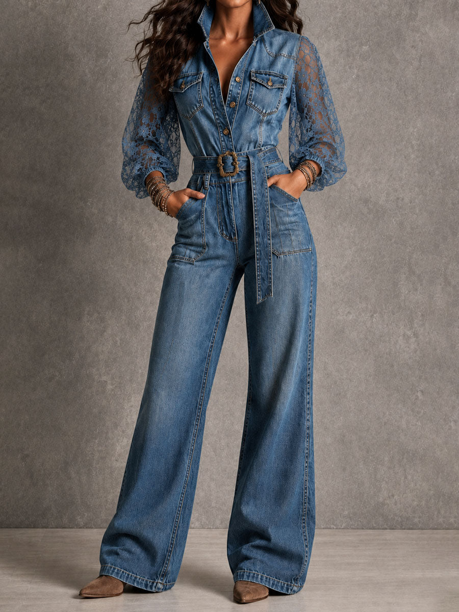 Boho Lace Puff Sleeve Collar Button Belted Wide Leg Denim Jumpsuit