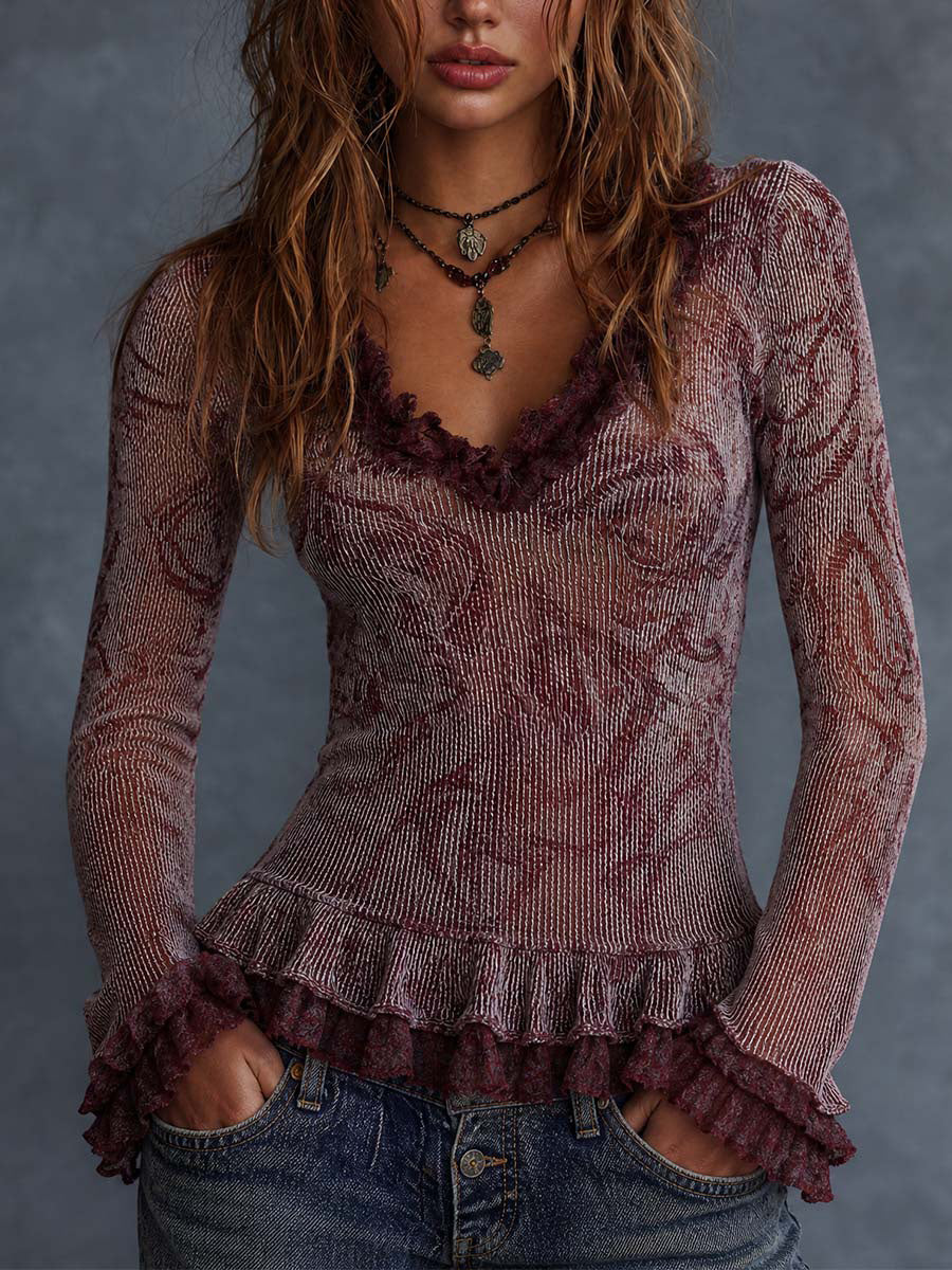 Burgundy Floral Crinkle Ruffle Top