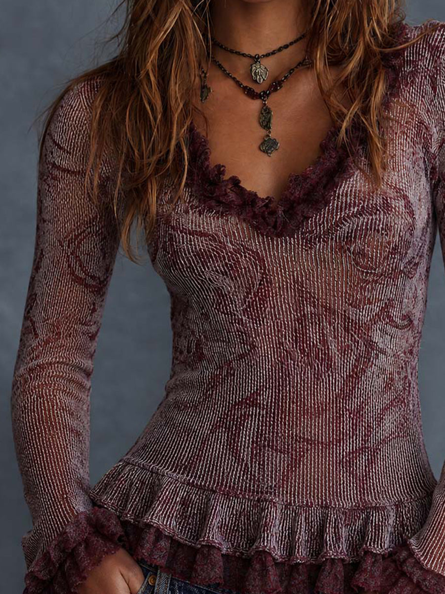 Burgundy Floral Crinkle Ruffle Top