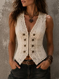 Boho Romantic Cream Floral Lace Double Breasted Corset Vest