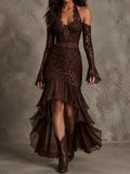Boho Brown Lace Halter Cold Shoulder Flare Sleeve Midi Dress