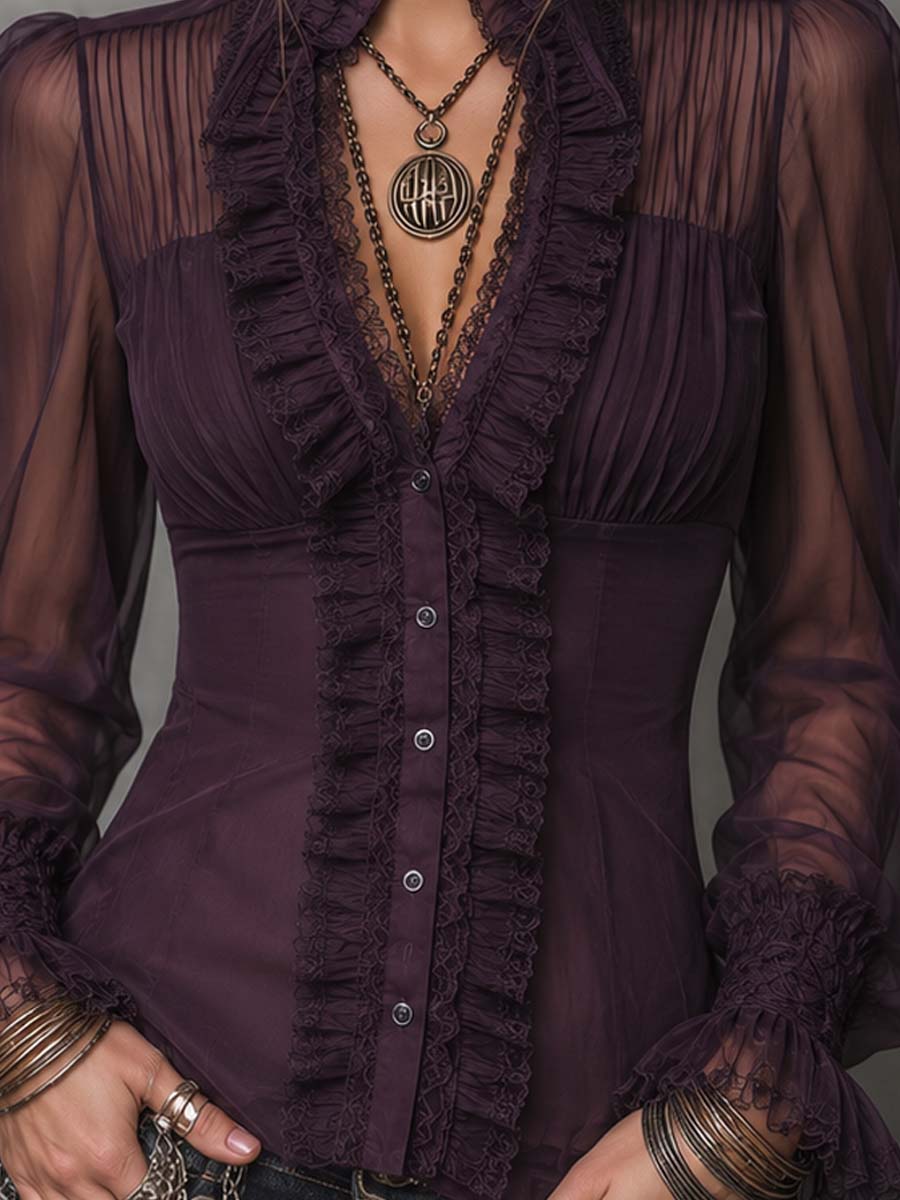 Gothic Stand V Neck Button Front Lace Trim Flare Cuff Long Sleeve Sheer Chiffon Fitted Blouse