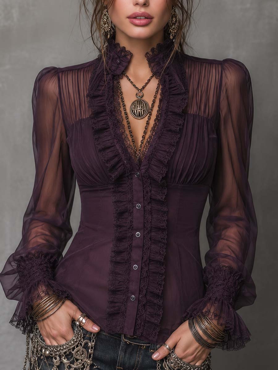 Gothic Stand V Neck Button Front Lace Trim Flare Cuff Long Sleeve Sheer Chiffon Fitted Blouse