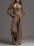 Turtleneck Vertical Stripe Sheer Mesh Puff Sleeve Corset Button Pocket Wide Leg Jumpsuit