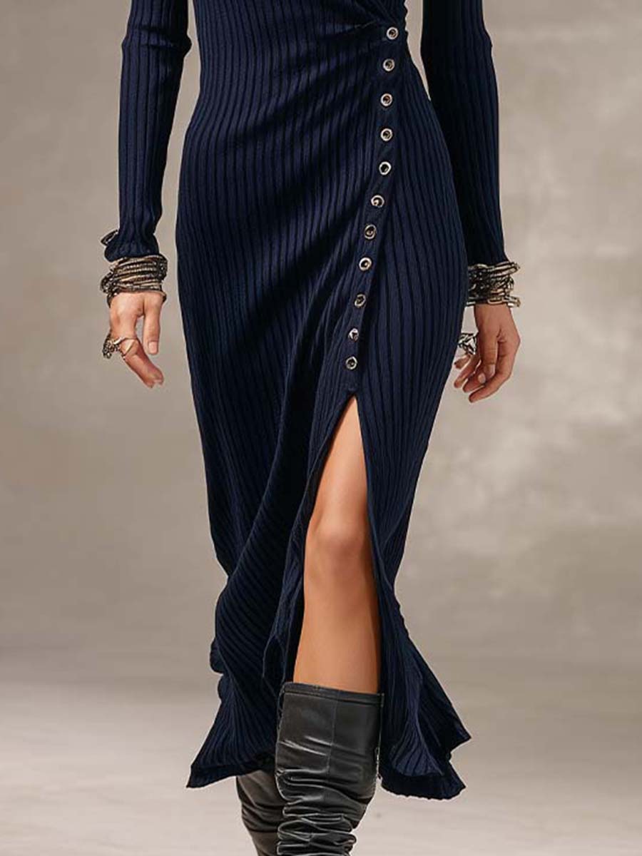 Vintage Elegant V Neck Wrap Long Sleeve Side Button High Slit Ribbed Knit Midi Dress