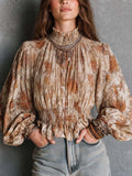Boho Floral Smocked Waist Bishop Sleeve Blouse