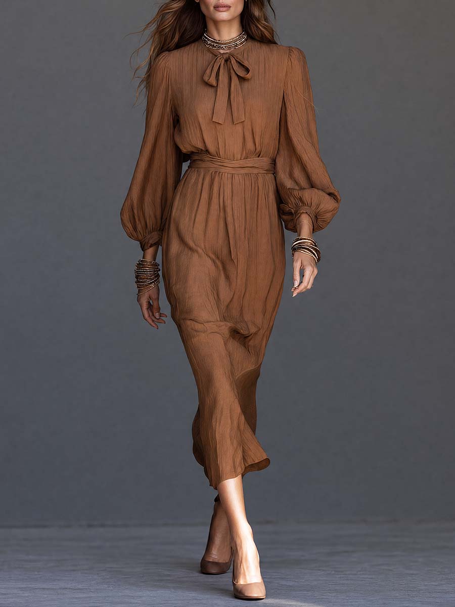 Boho Brown Tie-Neck Bishop Sleeve Belted Midi Dress