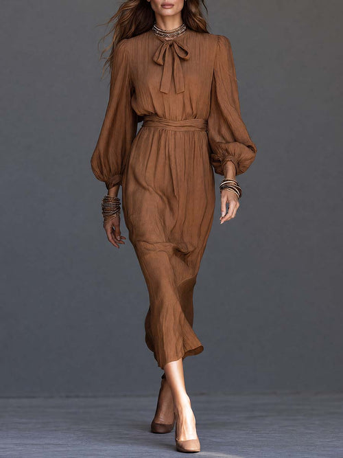 Boho Brown Tie-Neck Bishop Sleeve Belted Midi Dress