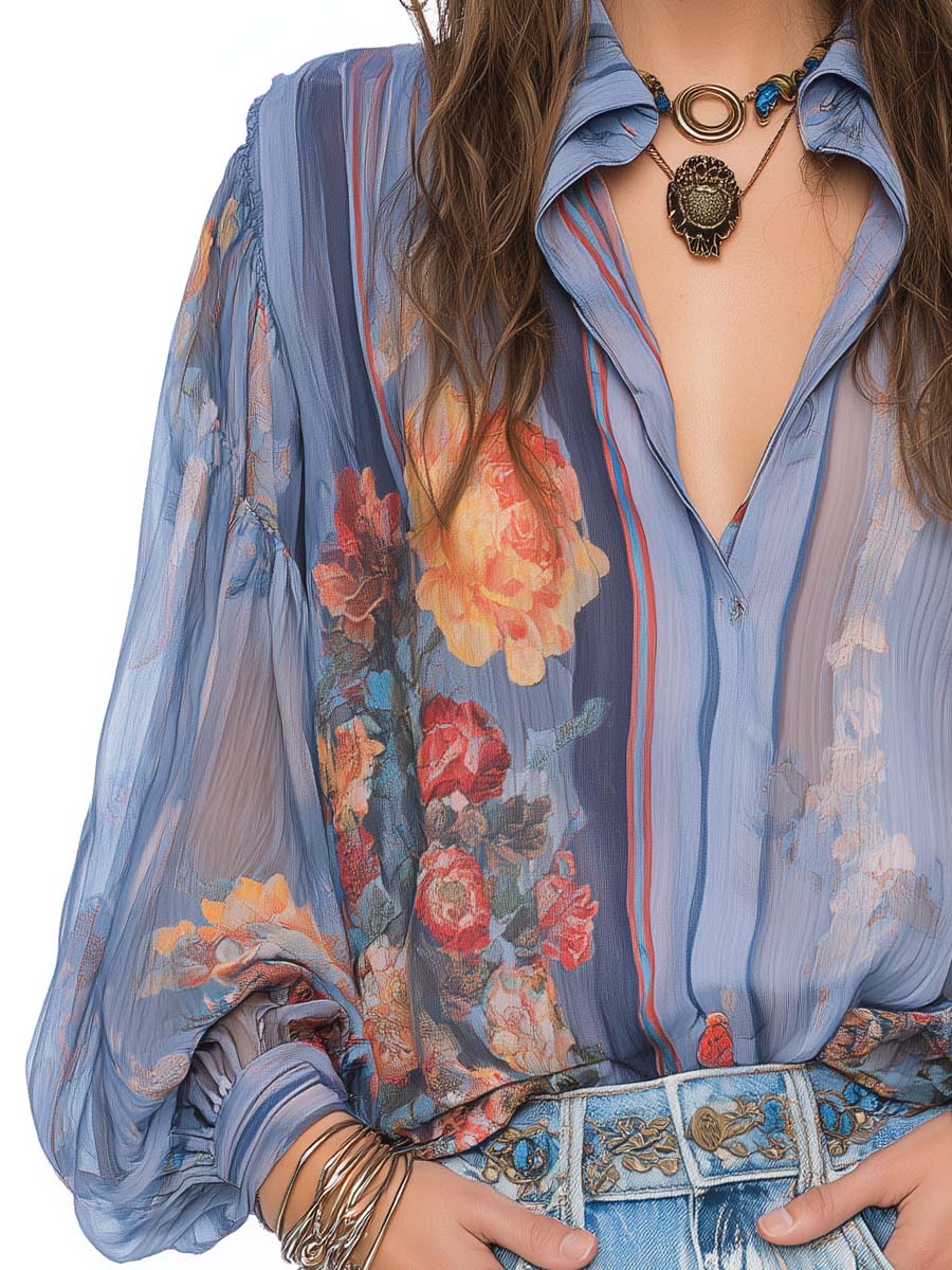 Collared Button Down Puff Long Sleeve Crinkled Sheer Chiffon Vintage Floral Print Blouse