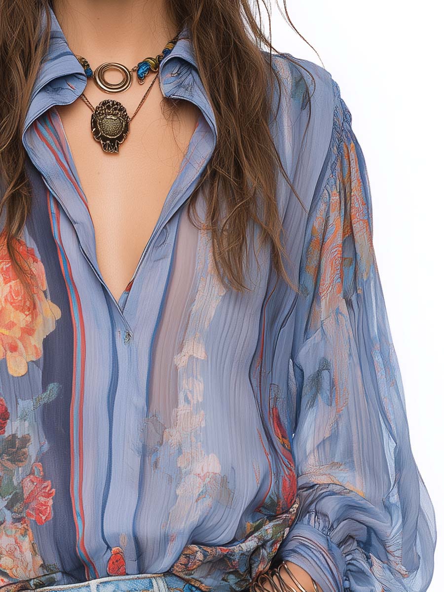 Collared Button Down Puff Long Sleeve Crinkled Sheer Chiffon Vintage Floral Print Blouse
