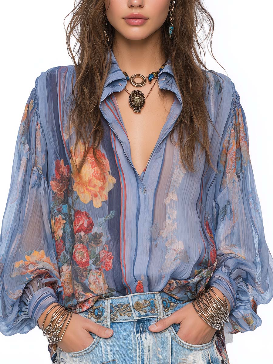 Collared Button Down Puff Long Sleeve Crinkled Sheer Chiffon Vintage Floral Print Blouse