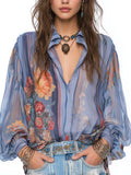 Collared Button Down Puff Long Sleeve Crinkled Sheer Chiffon Vintage Floral Print Blouse