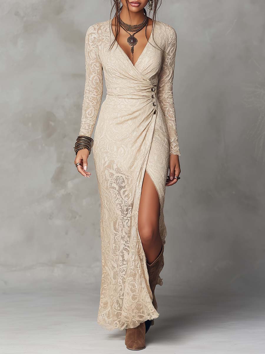 Vintage Wrap Front Long Sleeve Floral Lace With Side Slit And Decorative Buttons Maxi Dress