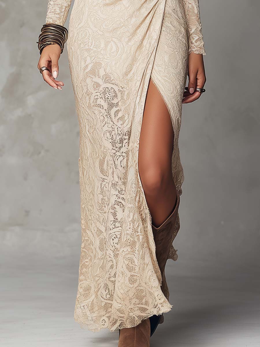 Vintage Wrap Front Long Sleeve Floral Lace With Side Slit And Decorative Buttons Maxi Dress