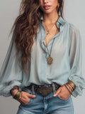Collared Button Down Lantern Long Sleeve Crinkled Sheer Chiffon Blouse