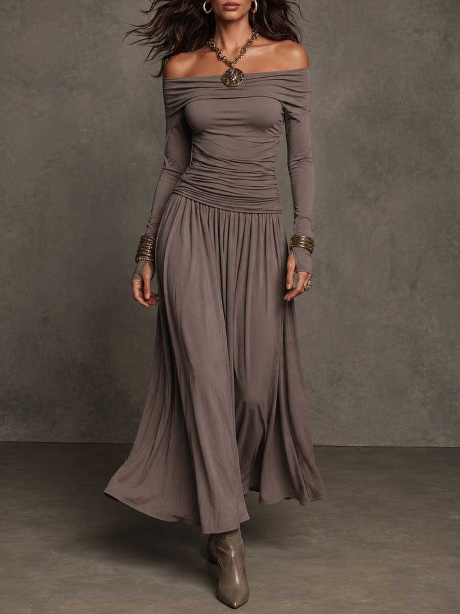 Taupe Stretch Knit Off-The-Shoulder Long Sleeve With Thumb Holes Ruched Bodice Flared Skirt Maxi Dress