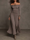 Taupe Stretch Knit Off-The-Shoulder Long Sleeve With Thumb Holes Ruched Bodice Flared Skirt Maxi Dress