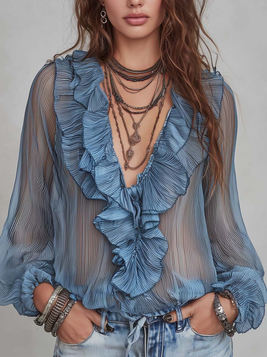 Boho Ruffle Trim V Neck Sheer Pleated Chiffon Long Bubble Sleeve Drawstring Hem Blouse
