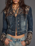 Vintage Lapel Long Sleeve Floral Jacquard Spliced Washed Denim Cropped Jacket