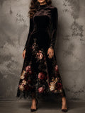 Elegant Floral Velvet Lace Hem Stand Collar Flare MaxiDress