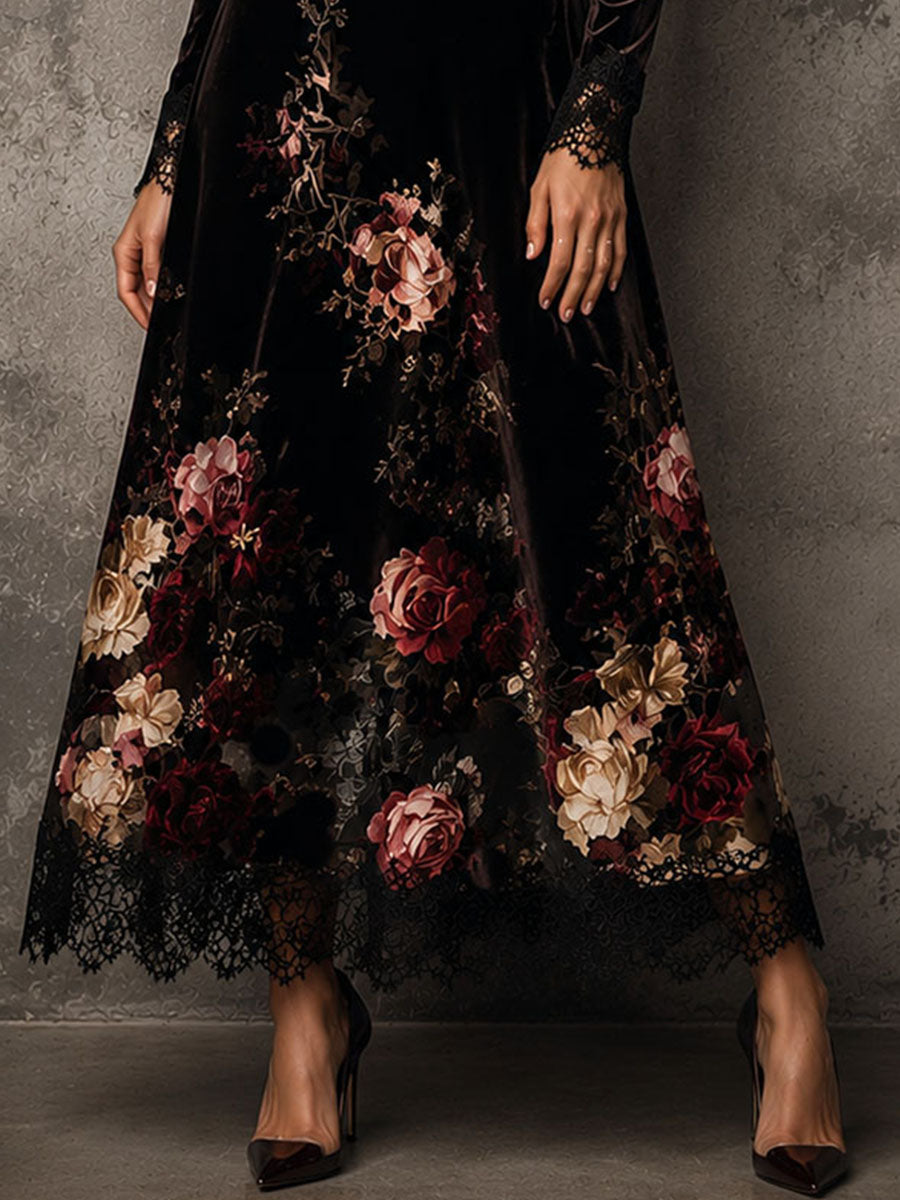 Elegant Floral Velvet Lace Hem Stand Collar Flare MaxiDress