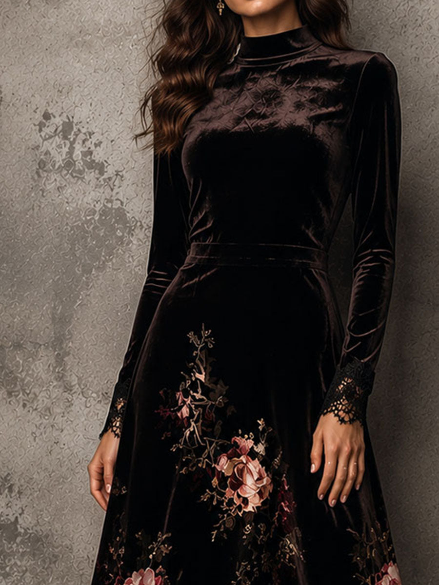 Elegant Floral Velvet Lace Hem Stand Collar Flare MaxiDress