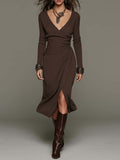 Vintage Dark Brown Shimmer Ribbed Knit Wrap Ruched Waist Front Split Midi Dress