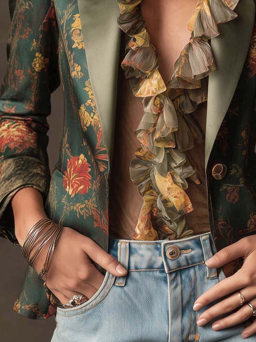 Vintage Dark Green Floral Satin Blazer Contrast Sage Lapel Puffed Shoulder Slim Fit Single Breasted Jacket