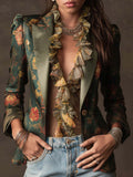 Vintage Dark Green Floral Satin Blazer Contrast Sage Lapel Puffed Shoulder Slim Fit Single Breasted Jacket