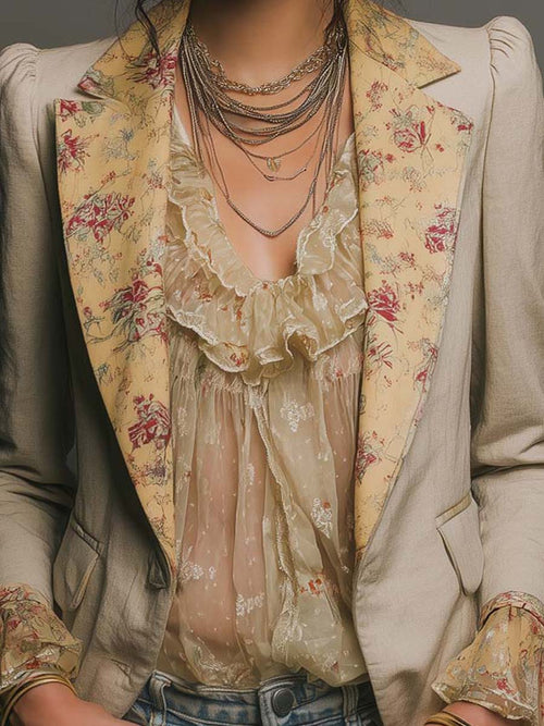 Boho Light Beige Woven Blazer Contrast Cream Floral Chiffon Lapel Cuffs Puffed Shoulder Jacket