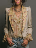 Boho Light Beige Woven Blazer Contrast Cream Floral Chiffon Lapel Cuffs Puffed Shoulder Jacket