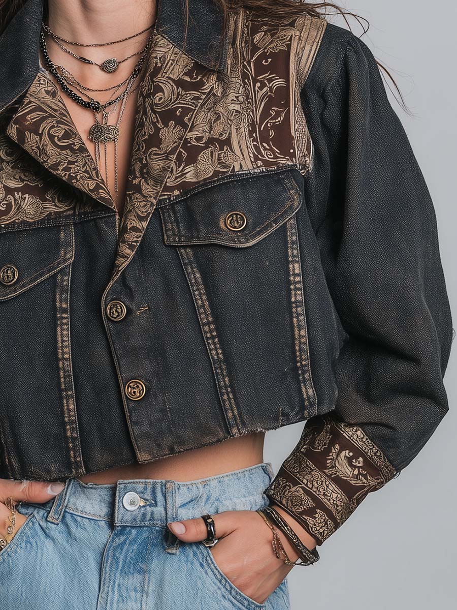 Cropped Vintage Black Denim With Brown Golden Baroque Print Woven Contrast Yoke And Cuff Jacket