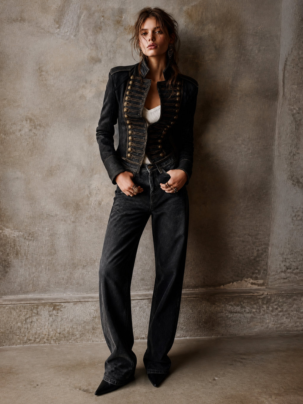 Vintage Military Gold-Trim Faux Leather Jacket