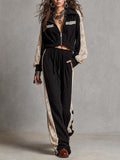 Zip Up Collar Cropped Ribbed Jacket With Lace Patch Sleeve & Drawstring Waist Ribbed Wide Leg Pants Two Piece Set